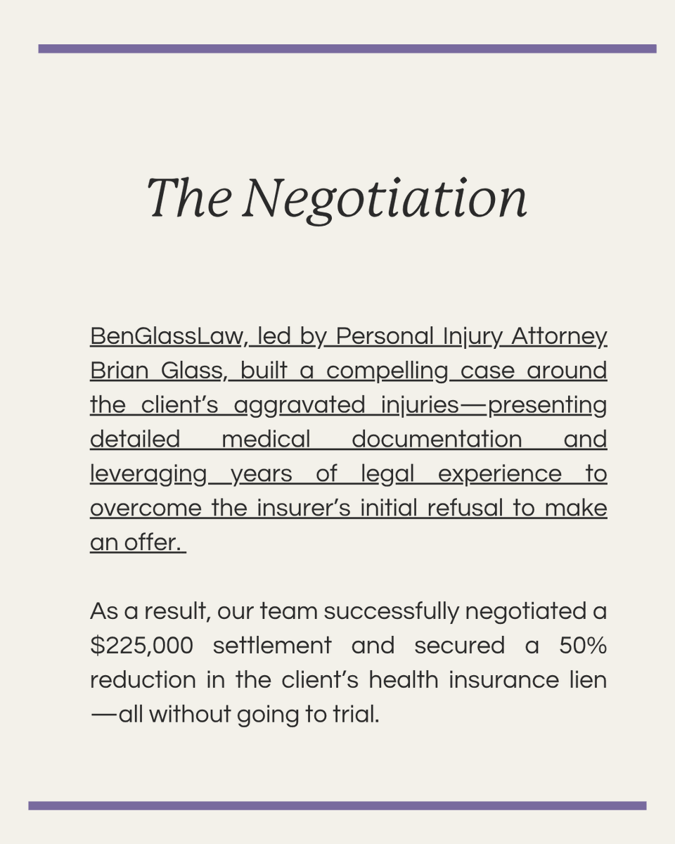 She stopped for a pedestrian—and ended up needing spinal surgery. Our personal injury team stepped in when the insurer stalled. Result: $225K settlement + lien cut in half. Tap through to learn how we helped her recover.⚖️👇