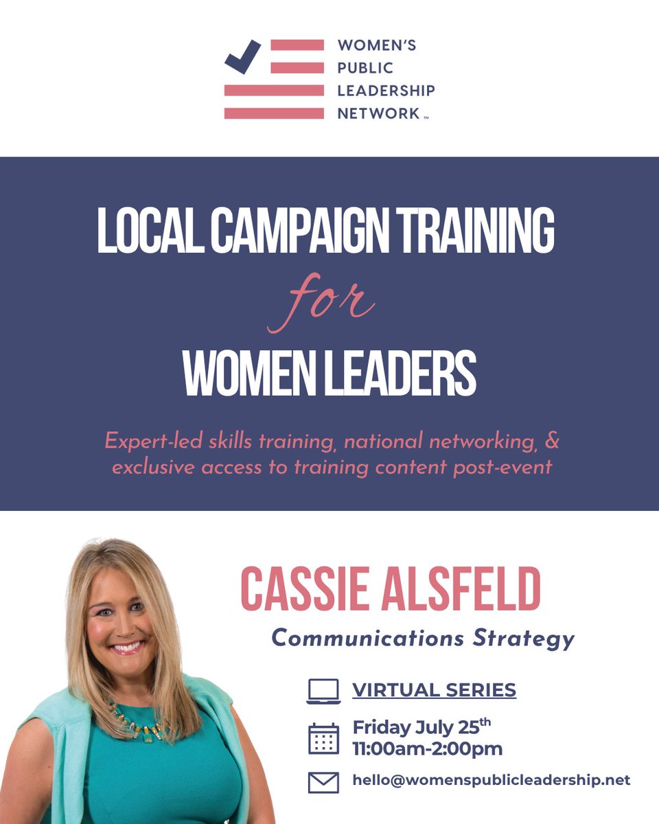 Women's Public Leadership Network (@wplnetwork) on Twitter photo 🚨 LAST chance to register for tomorrow's "Local Campaign Training" & learn from women experts! 🚨
<a href="/MaryCaswell/">Cassie Alsfeld</a> will share how to draft and implement a comms strategy for your campaign — so you can share your message & build support!
Register today! 💌 hubs.la/Q03yKYz60 🚨 LAST chance to register for tomorrow's "Local Campaign Training" & learn from women experts! 🚨
<a href="/MaryCaswell/">Cassie Alsfeld</a> will share how to draft and implement a comms strategy for your campaign — so you can share your message & build support!
Register today! 💌 hubs.la/Q03yKYz60