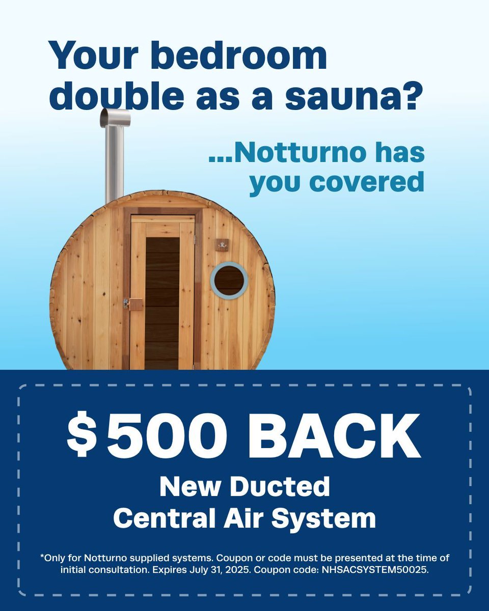 NotturnoHome's tweet image. Does your bedroom double as a steam room? Notturno has you covered, with $500 back on a new ducted central air system — for spa-like relaxation, not spa-like temperatures.

📞 508-306-8625

#CompleteHomeComfortCompany #NotturnoHomeServices #AC #HomeMaintenance #HVAC #TeamNotturno