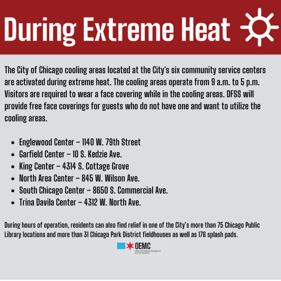 ChiPubSchools's tweet image. Today, Chicago is experiencing extremely hot and humid temperatures. We remind all students, families, and staff to stay safe by staying cool, drinking plenty of water, and limiting outdoor activities when possible. To find your nearest cooling center, please visit…