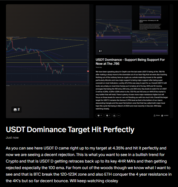 Kev_Capital_TA's tweet image. USDT D came right up to my exact target that I talked about in Patreon yesterday and so far is seeing that rejection at that 4HR 100 ema and .703 FIB at 4.35%. Hit the target perfectly. Like I said USDT D is your best second pair of eyes in the market folks. Still have a ton of…
