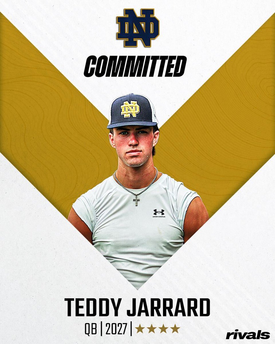 Mike Singer (@miketsinger) on Twitter photo π¨ ππππππππ: Elite 2027 QB Teddy Jarrard has committed to Notre Dame over Georgia, Michigan, Ohio St and Penn St π€―
βNotre Dame showed the most love. The culture is different than other schools.β βοΈ
He's Rivals' No. 2 QB in the class βΌοΈ
Read: on3.com/teams/notre-daβ¦ π¨ ππππππππ: Elite 2027 QB Teddy Jarrard has committed to Notre Dame over Georgia, Michigan, Ohio St and Penn St π€―
βNotre Dame showed the most love. The culture is different than other schools.β βοΈ
He's Rivals' No. 2 QB in the class βΌοΈ
Read: on3.com/teams/notre-daβ¦