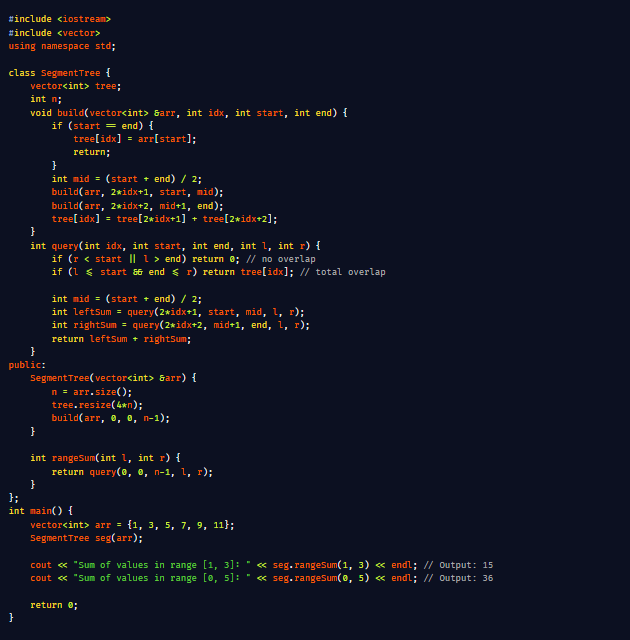 gutsOfDarkness8's tweet image. Segment Trees for Fast Range Queries:
Segment Trees are a versatile data structure that help you answer queries about intervals or ranges in logarithmic time. Whether you want to find the sum, minimum, maximum, or other associative operations over a range, segment trees make it…