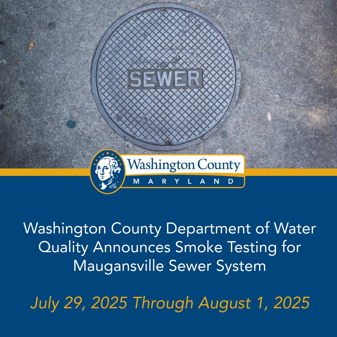 Washington County Department of Water Quality will conduct a smoke test on the Maugansville Sewer System from Tuesday, July 29, 2025, through Friday, August 1, 2025, between 7:00 a.m. and 2:00 p.m.

To read the full release, visit: washco-md.net/news/washingto…