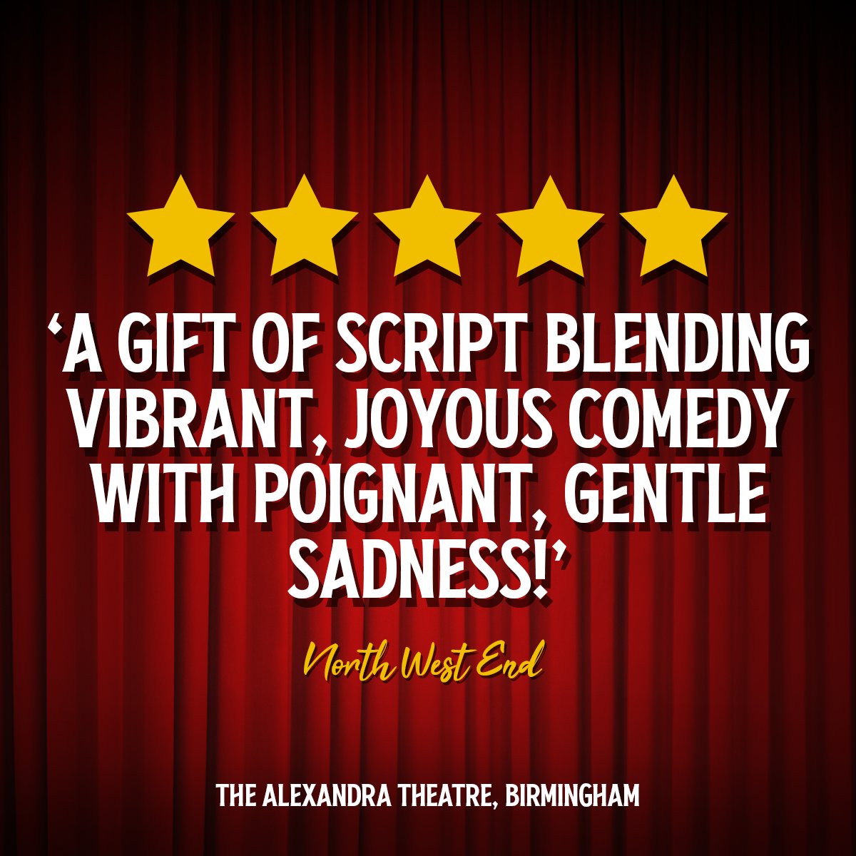 EvolutionProdUK's tweet image. ⭐️⭐️⭐️⭐️⭐️
'A gift of script blending vibrant, joyous comedy with a poignant, gentle sadness!'
🎟️ thelastlaughplay.co.uk/#TOUR
💻 northwestend.com/the-last-laugh…
@simplysimon321 @Bobsickle @djwilliamsact
@JWPOnStage @LastLaughPlay @thealexbham
