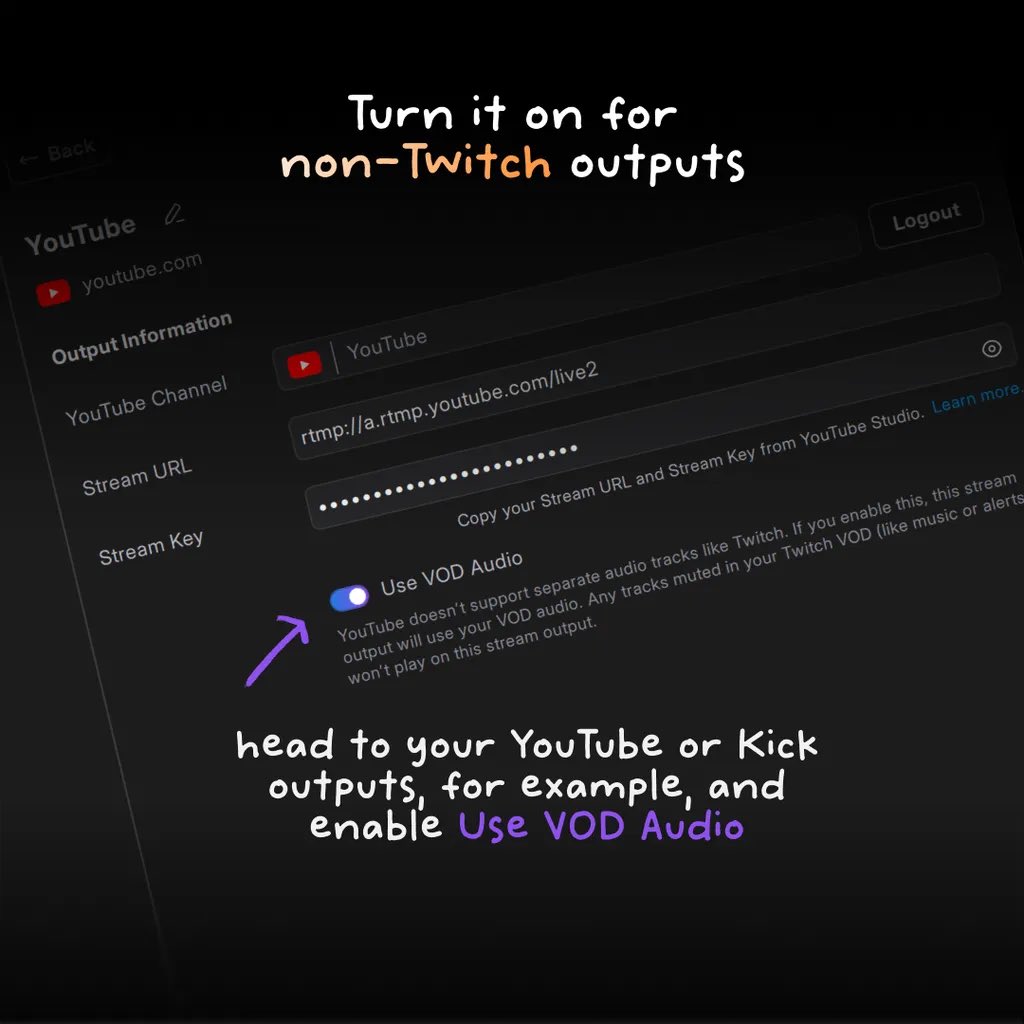 StreamWithMeld's tweet image. If you use VOD audio for non-Twitch outputs, the selected audio tracks won’t play in the live broadcast OR save in the recording.
