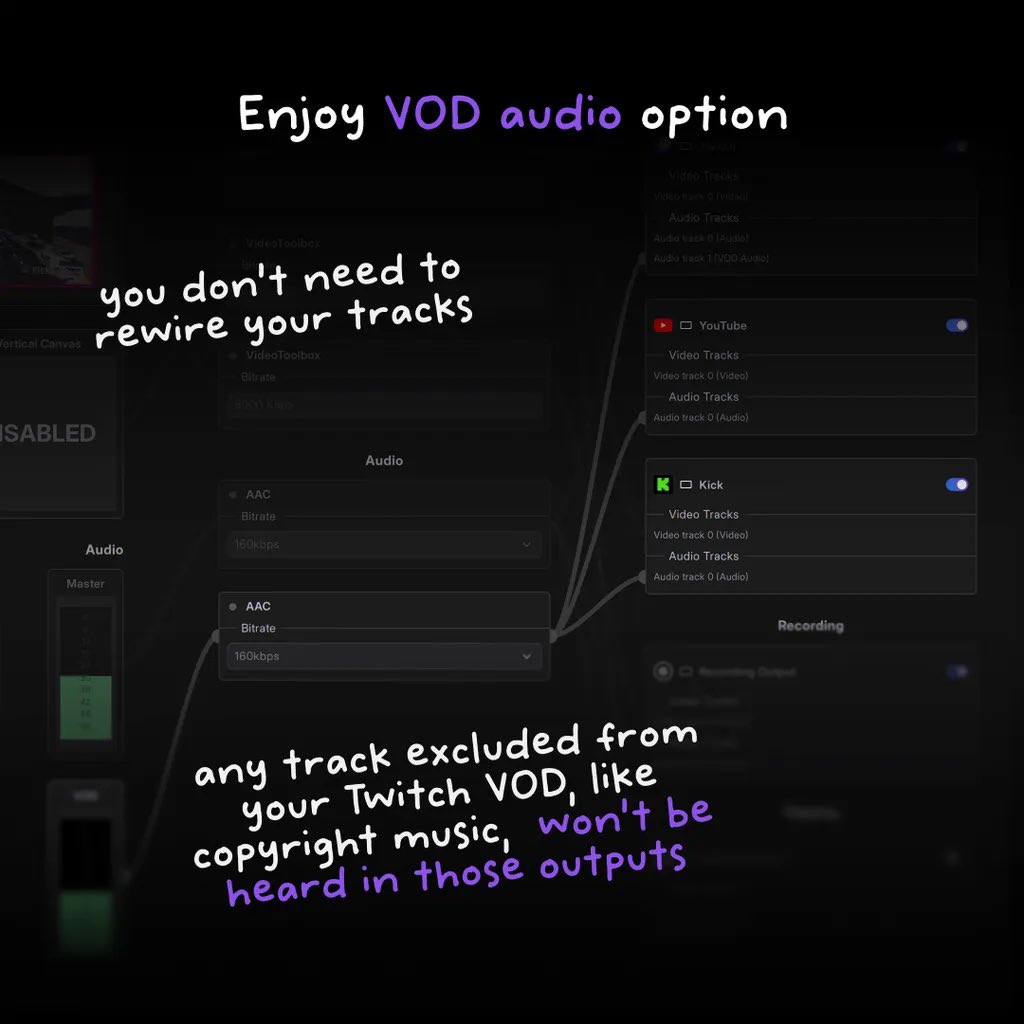 StreamWithMeld's tweet image. If you use VOD audio for non-Twitch outputs, the selected audio tracks won’t play in the live broadcast OR save in the recording.
