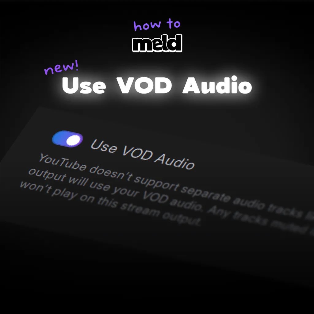 StreamWithMeld's tweet image. If you use VOD audio for non-Twitch outputs, the selected audio tracks won’t play in the live broadcast OR save in the recording.