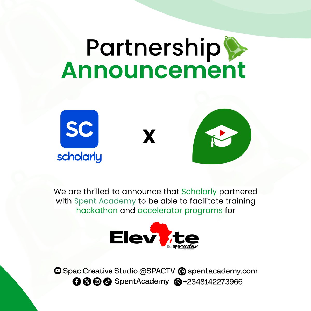 Spentacademy's tweet image. We’re pleased to announce our partnership with Scholarly as part of our commitment to deliver impactful training, hackathons, and accelerator programs through Elevate by Spent Academy.

Together, we’re creating a pathway for innovators.
#SpentAcademy #Scholarly #Elevate