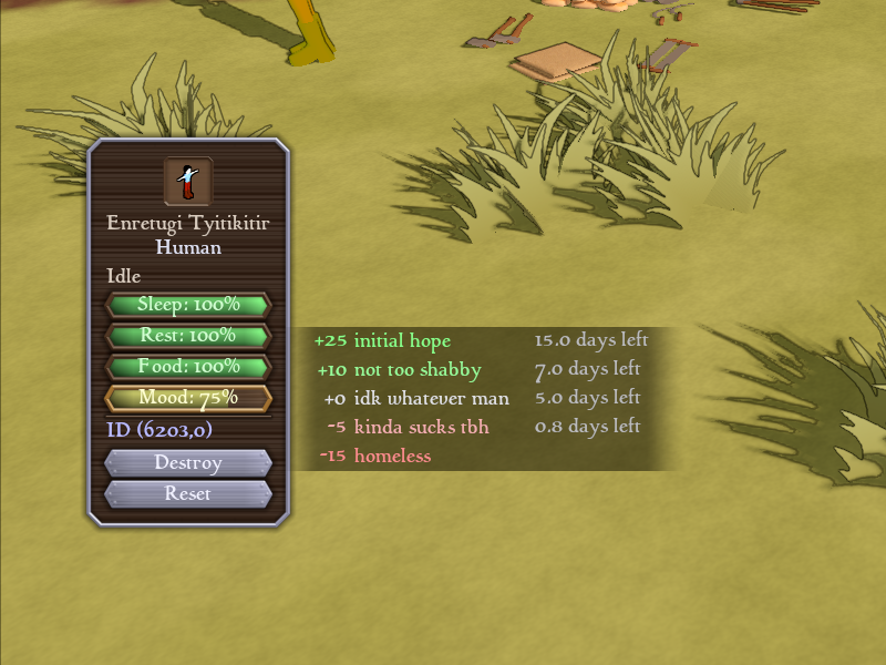 lisyarus's tweet image. Working on a "mood" system for my villagers. Pretty much the same thing as in RimWorld: cumulative events affect the slowly approached overall mood target. Now to make some actually meaningful events 😅
#indiedev #indiegames #gamedev