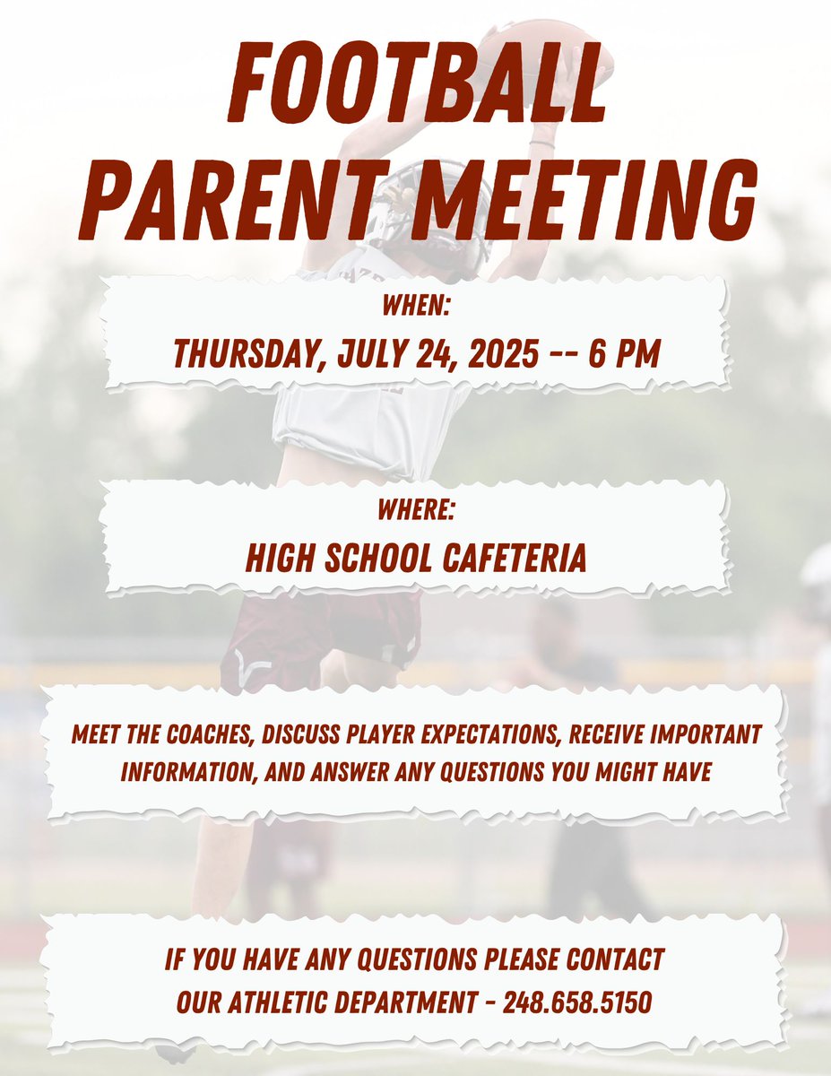 A friendly reminder that there will be a High School Football parent meeting today at 6 pm in the cafeteria at Hazel Park High School. #hazelparkschools #GoVikings