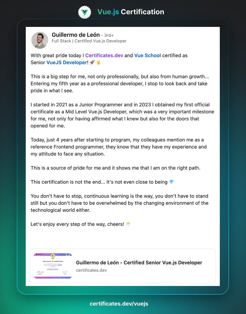 Big congrats to Guillermo for officially becoming a Certified Senior <a href="/vuejs/">Vue</a> Developer 🎉
 
From starting out as a junior programmer in 2021 ➡️ To achieving our Vue.js Mid-Level Cert in 2023 ➡️ And now our Vue.js Senior Cert in 2025 - this kind of growth is exactly what the Vue