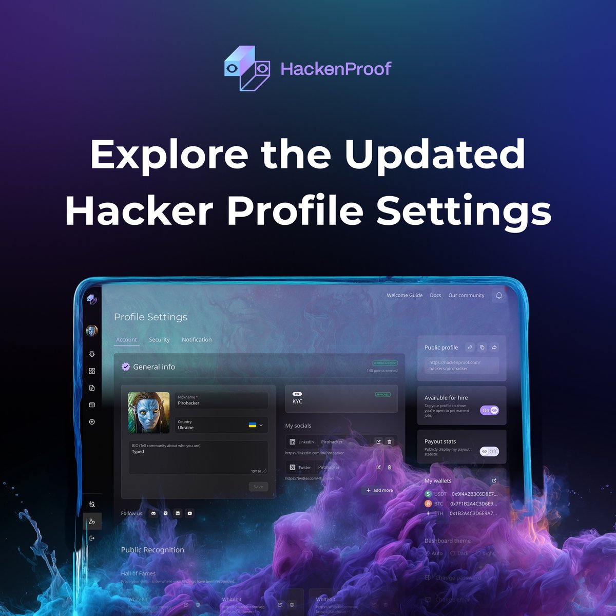 HackenProof's tweet image. 🚀 Updated Hacker Profile Settings released!
- A fresh, insightful articles section — now you can add and showcase your own articles
- Effortless social profile integration
- Next-level avatar cropping for your unique style
- A sleek, brand-new sidebar (now live on select pages)…