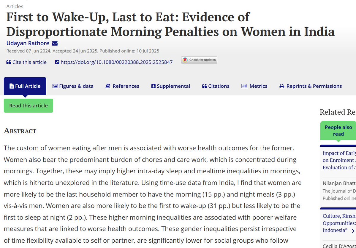 JDevStudies's tweet image. New in @JDevStudies:
Women in 🇮🇳 are more likely to wake up first & eat last, facing morning burdens that impact health & well-being. Economic progress alone isn’t enough. Policy change is needed.
Read by more➡️: doi.org/10.1080/002203…
@UdayanRathore