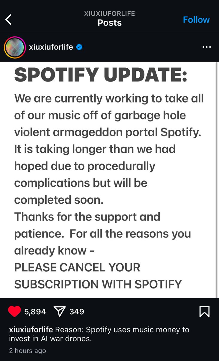 hhtaux's tweet image. Xiu Xiu is taking their music off of Spotify
“Spotify uses music money to invest in AI war drones.” - via Instagram