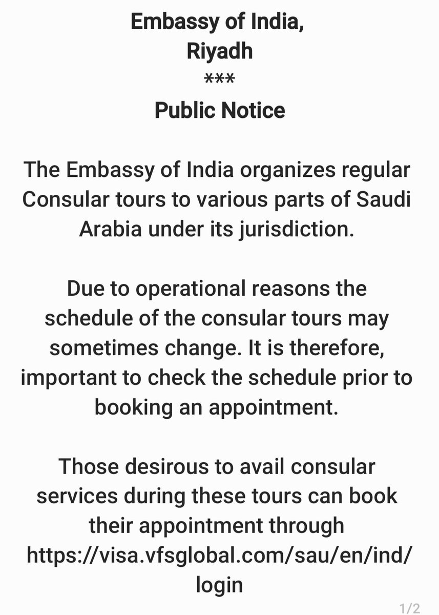 IndianEmbRiyadh's tweet image. Embassy Consular Tours: Those desirous to avail consular services during these tours must book prior appointment through visa.vfsglobal.com/sau/en/ind/log…