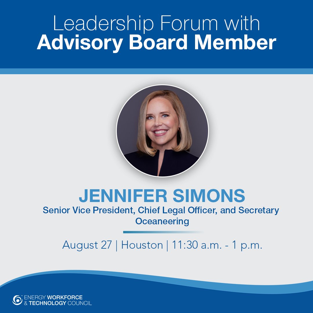 EnergyWorkforce's tweet image. Join Energy Workforce on August 27 in Houston for the Leadership Forum featuring Advisory Board Member Jennifer Simons, Senior Vice President, Chief Legal Officer, and Secretary, @Oceaneering.
Jennifer will share leadership insights from her career journey and explore the theme…
