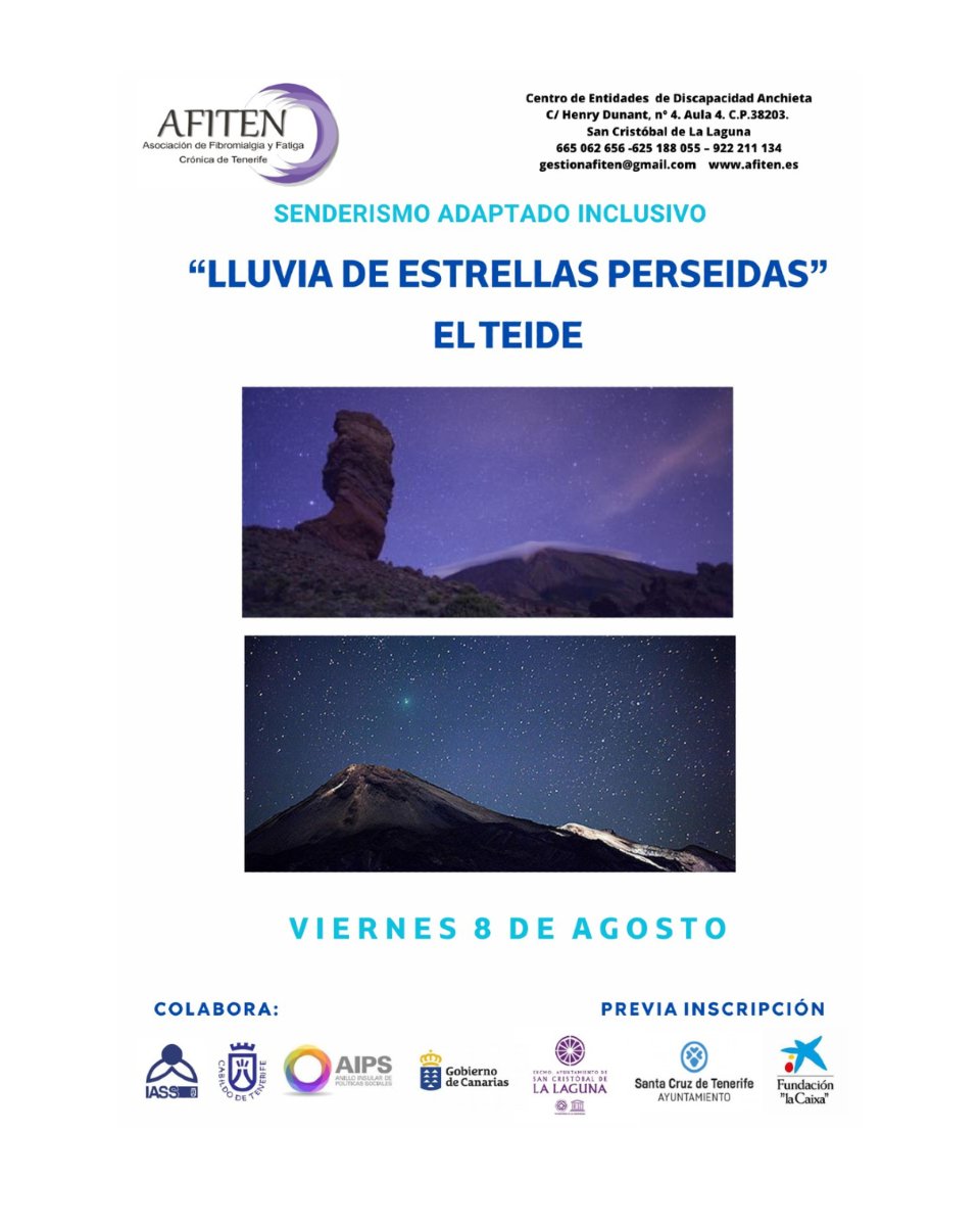🔭 ¡Vive la magia del cielo estrellado!

AFITEN organiza una salida de senderismo adaptado al Teide para disfrutar de la Lluvia de Estrellas Perseidas.

📅 Viernes, 8 de agosto
✅ Actividad inclusiva y accesible
🎫 Inscripción previa obligatoria

#SenderismoInclusivo  #AFITEN