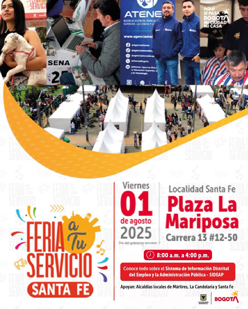 ServicioCivilD's tweet image. ¡La ‘Feria A Tu Servicio’ llega a la localidad de Santa Fe! Asiste este viernes 1 de agosto te estaremos esperando desde las 8 de la mañana. 

Conoce más del @ServicioCivilD y el SIDEAP en donde encontrarás información del talento humano distrital y empleo público  🤓.