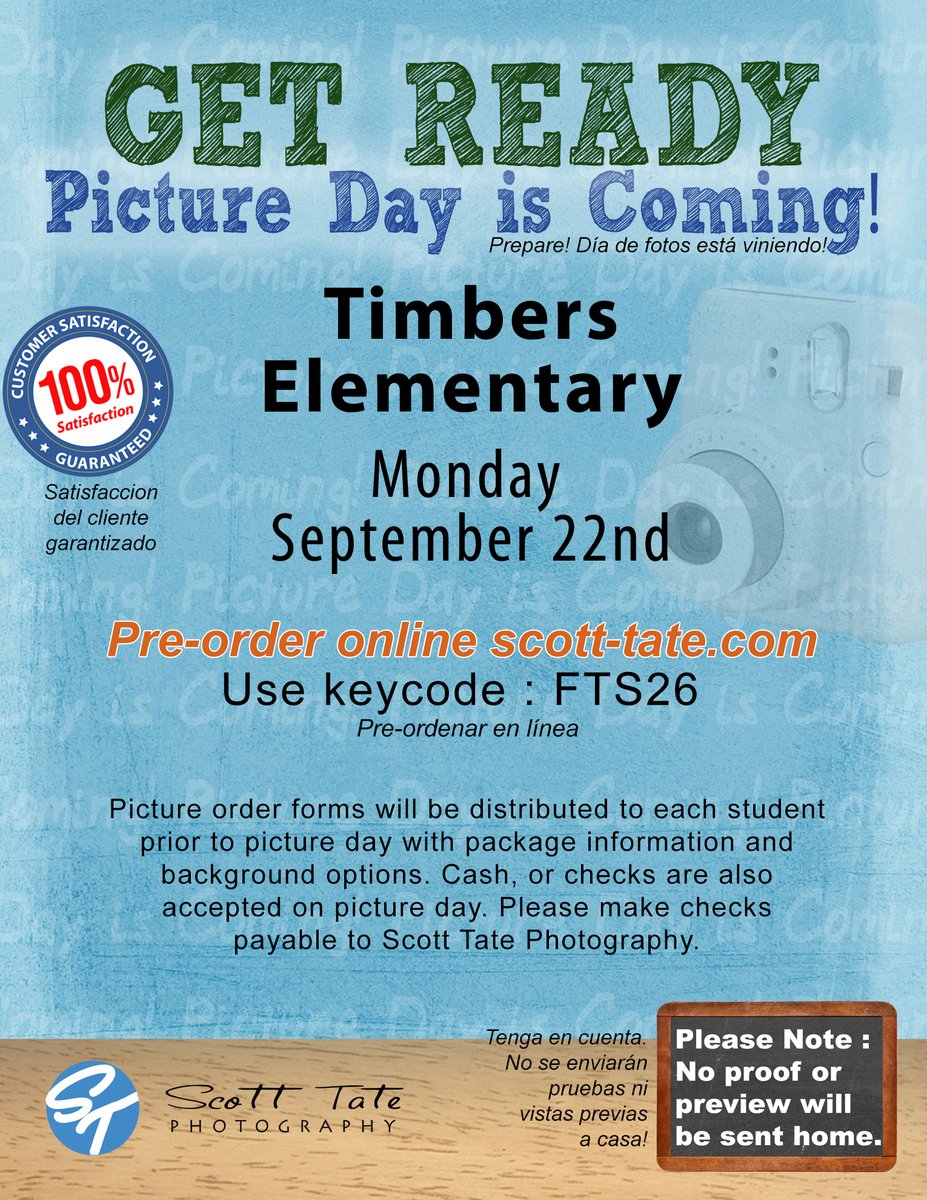 Welcome Back, Wolves! Fall Picture Day is next week. It is super easy to pre-order online at scott-tate.com using your school's code.
NOTE: NO PROOF for Fall

<a href="/HumbleISD/">Humble ISD</a> <a href="/HumbleISD_TE/">Timbers Elementary</a> 

#STPhoto #schoolpictureday #cameraready