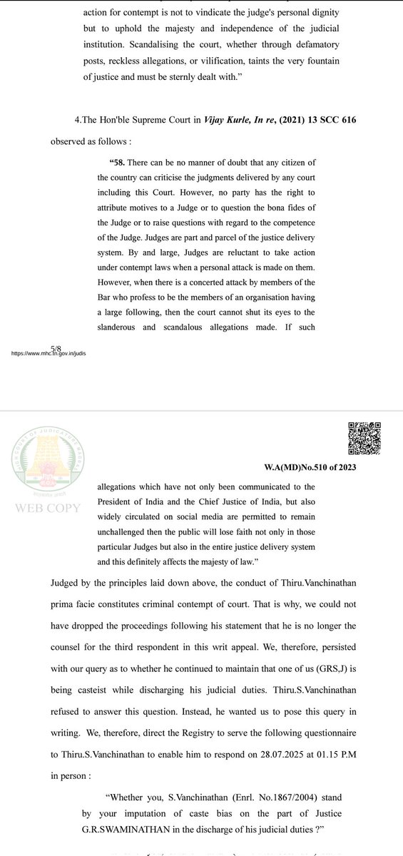 imranhindu's tweet image. Justices GR Swaminathan & K Rajasekar of #MadrasHighCourt have called for an explanation from Madurai based advocate S. Vanchinathan as to whether he still stands by his imputation of caste bias against the senior judge in the Division Bench @THChennai