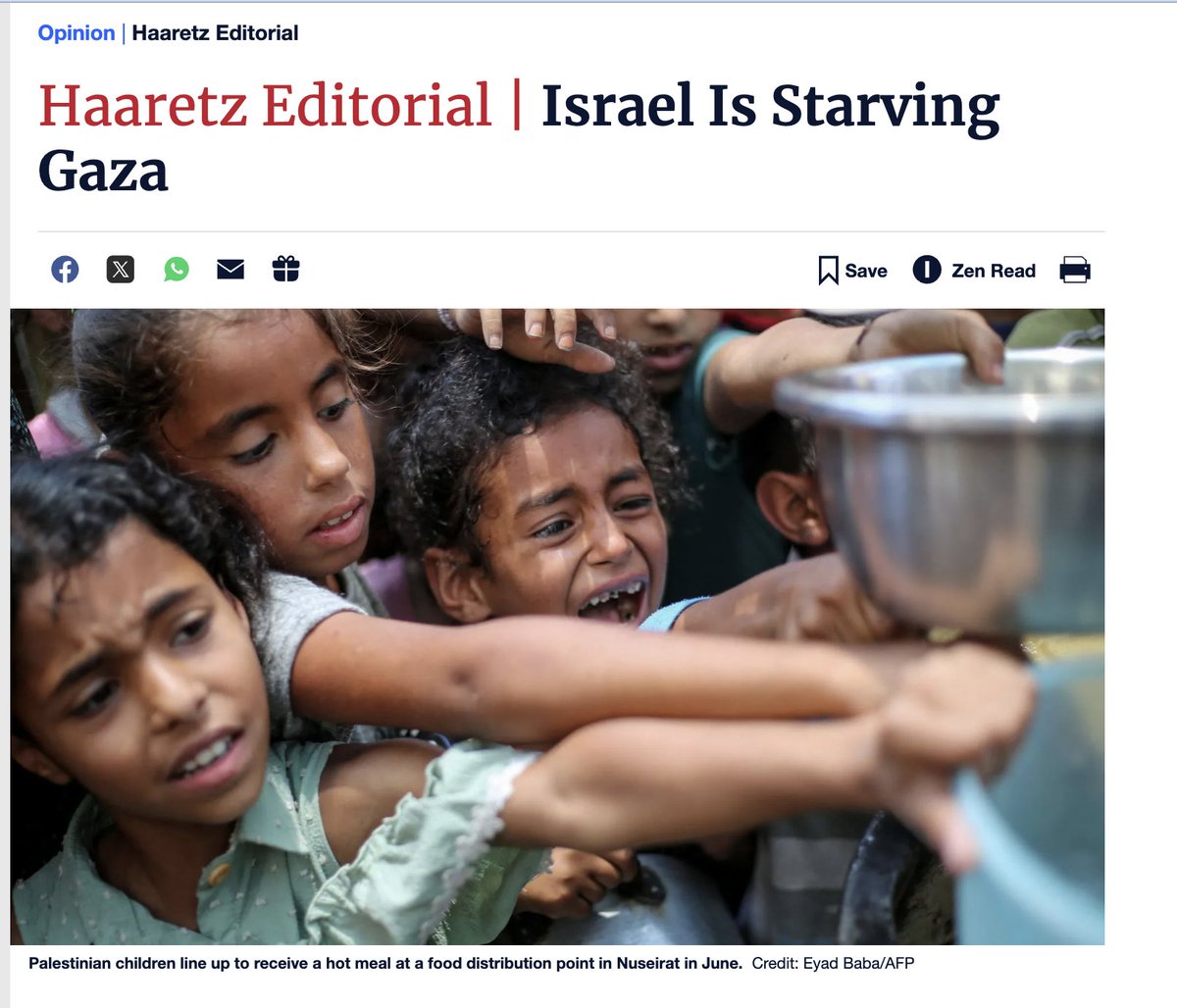 The NYT finally has a front-page article on the mass famine sweeping Gaza, but barely mentions the role Israel has played in blockading food from entering.

Here's how the Lead Editorial of <a href="/haaretzcom/">Haaretz.com</a> today begins: "Gaza is starving, and Israel is responsible."
