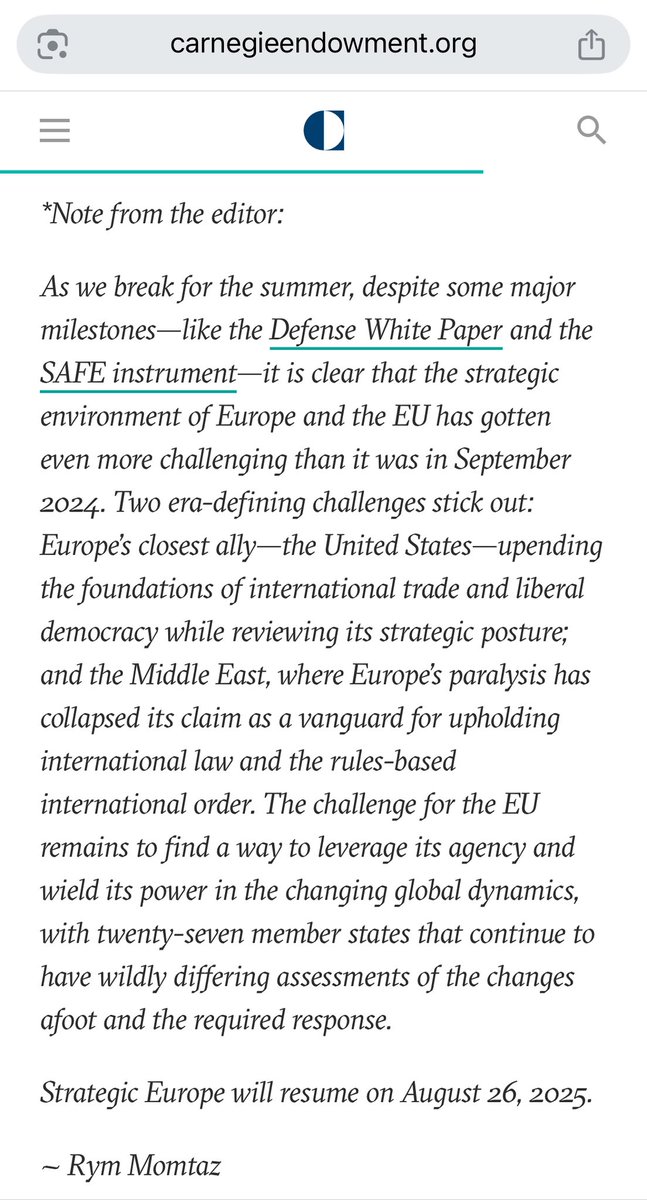 RymMomtaz's tweet image. Strategic Europe breaks for the summer today, an excerpt from my note to our readers on Europe’s strategic environment:
“the Middle East, where Europe’s paralysis has collapsed its claim as a vanguard for upholding international law and the rules-based international order.“