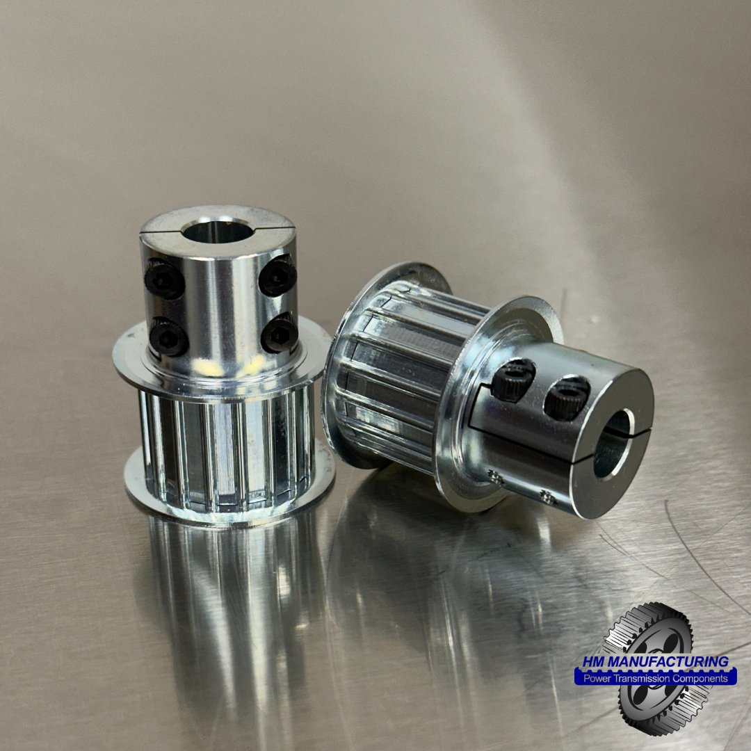 Precision meets performance!

This steel timing belt pulley measures just over 1" in diameter and 1.5" in length, this 17-tooth pulley features an AT5 pitch tooth profile. The tapped holes and wire burned slot in the hub allow this to clamp securely onto a shaft. Machined