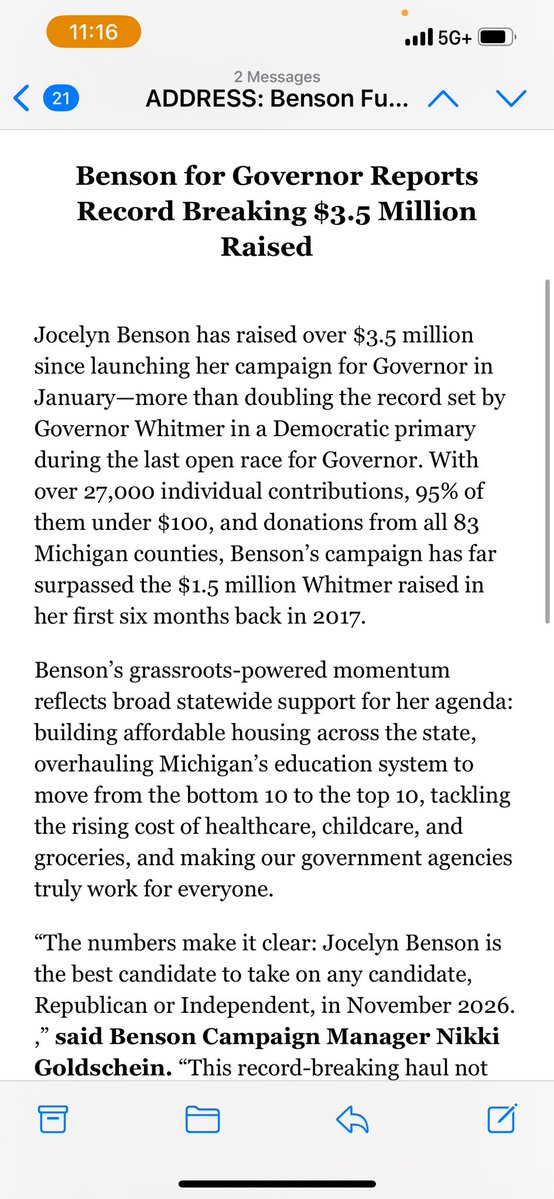 LilyCGuiney's tweet image. Jocelyn Benson is reporting over $3.5M raised since launching her gubernatorial campaign in January. Campaign finance reporting deadline is tomorrow — she’s outdone her primary opponents easily.