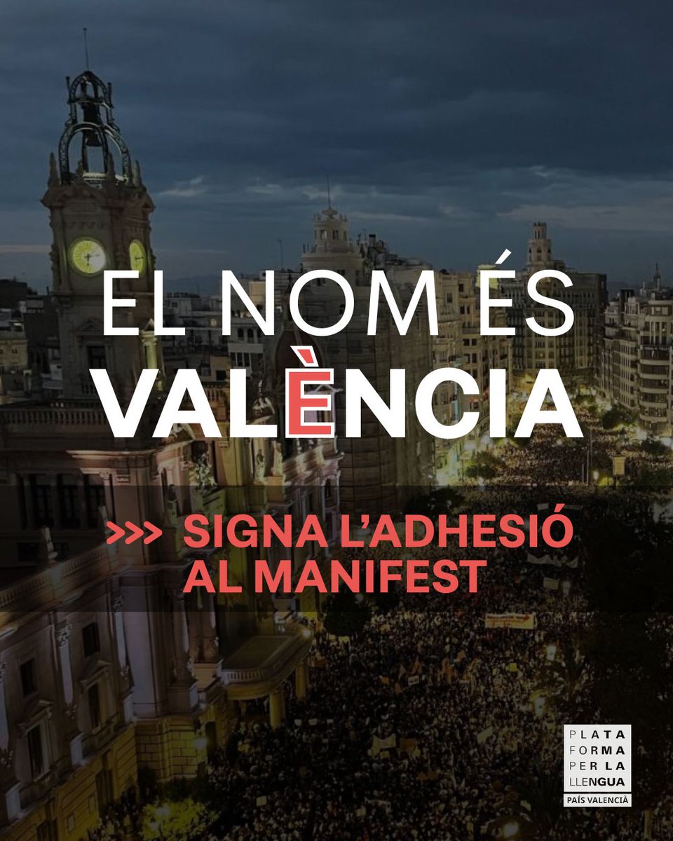 PlataformaPV's tweet image. 🔴 Adhereix-te al nostre manifest per defensar el topònim oficial de València front a un nou atac del govern municipal de PP i Vox ✍️
✊ Signa el nostre manifest i deixem-los clar que #ElNomÉsValència!
🔗 plataforma-llengua.cat/nom-valencia/
