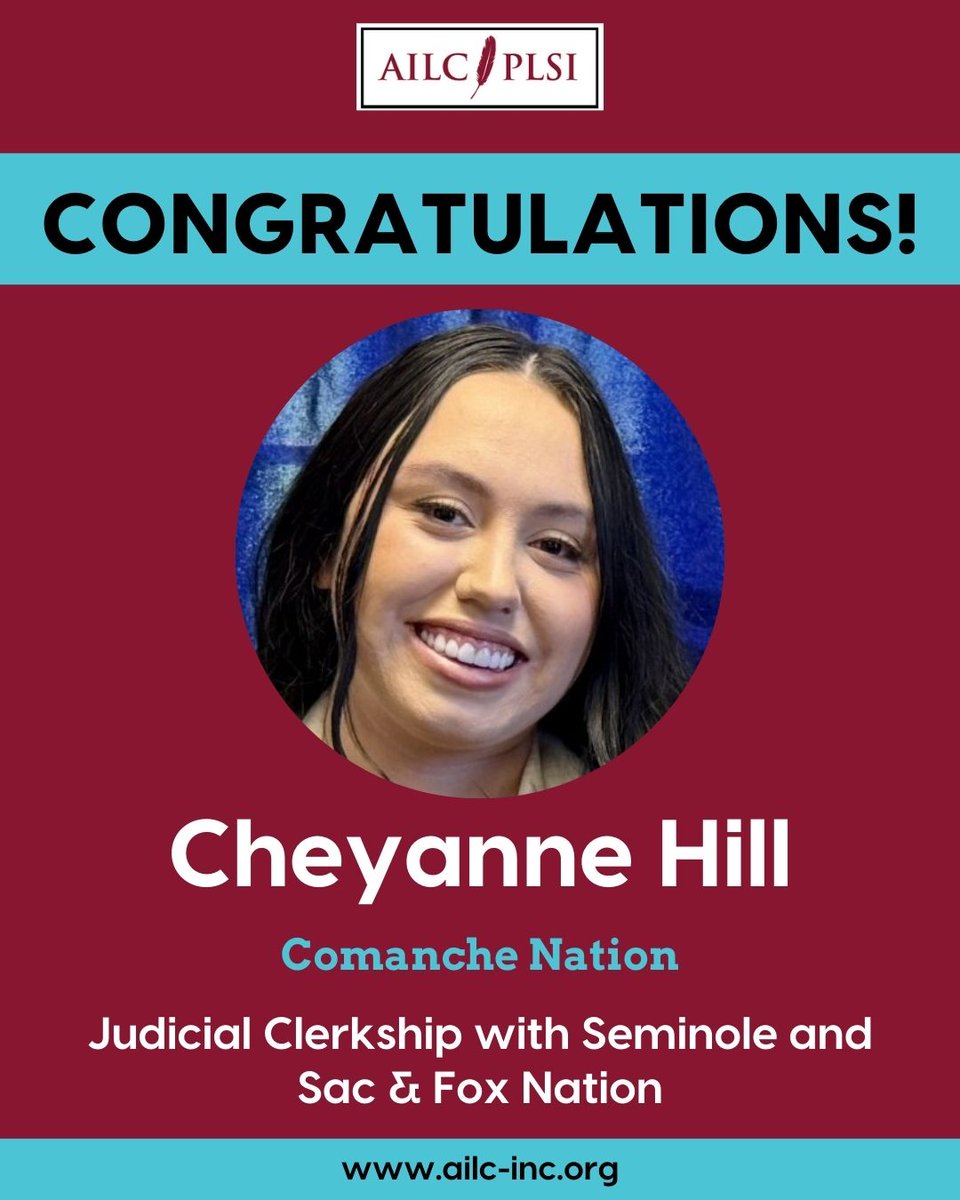 Congratulations to Cheyanne Hill (Comanche Nation) on her Judicial Clerkship appointment with the Seminole and Sac &amp; Fox Nation Tribal Courts in Oklahoma!  Cheyanne is the first AILC Public Safety in Indian Country Fellow, sponsored by the MacArthur Foundation.  

#AILC