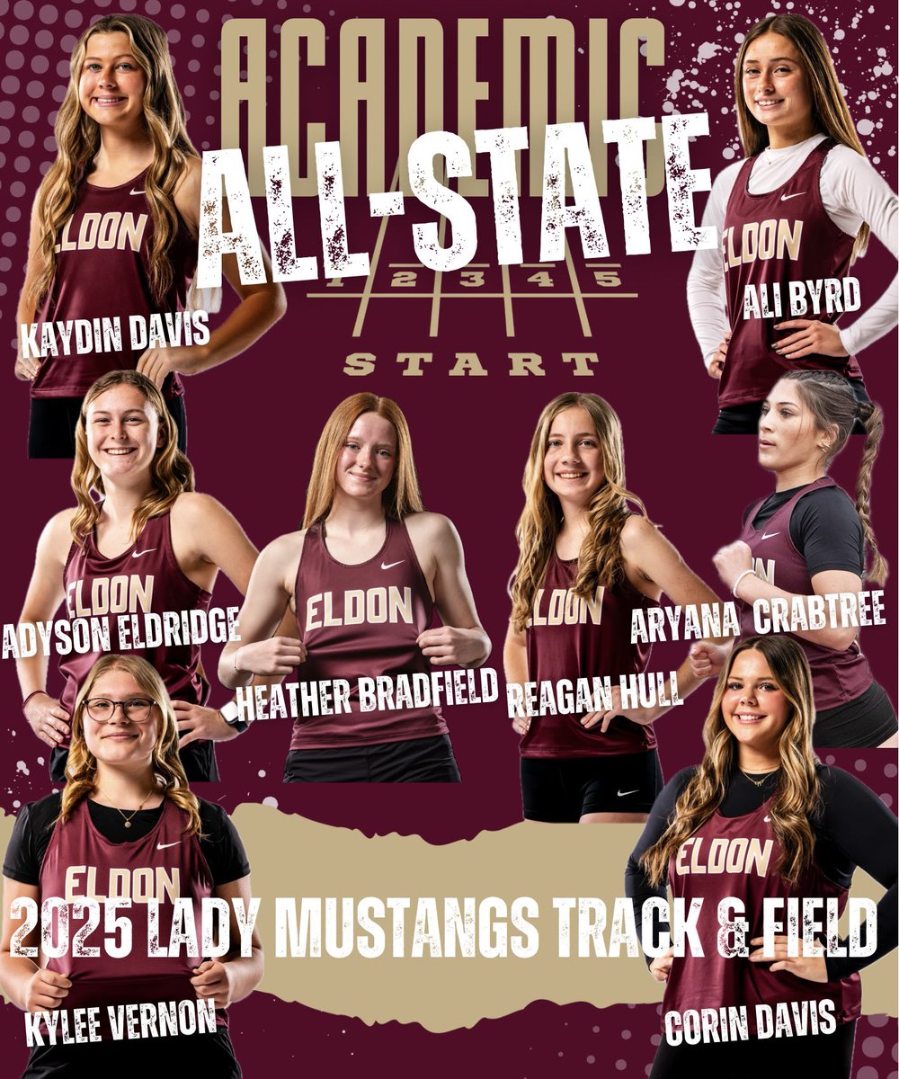 Congratulations to the following Track and Field athletes for earning 2025 Academic All-State honors!
Adyson Eldridge, Aryana Crabtree, Ali Byrd, Kaydin Davis, Reagan Hill, Phoebe Zacher, Corin Davis, Heather Bradfield and Kylee Vernon