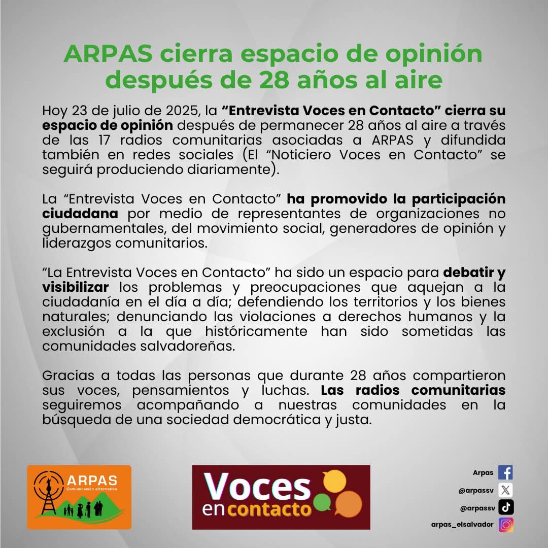 Angélica Cárcamo (@anxelique) on Twitter photo Las radios comunitarias de <a href="/arpassv/">Red Informativa de Arpas</a> cierran la entrevista "Voces en Contacto" luego de 28 años al aire.
El cierre del espacio de opinión ocurre con el recrudecimiento del régimen de <a href="/nayibbukele/">Nayib Bukele</a> contra la libertad de prensa.
Mi solidaridad con la que fue mi casa por 17 años. Las radios comunitarias de <a href="/arpassv/">Red Informativa de Arpas</a> cierran la entrevista "Voces en Contacto" luego de 28 años al aire.
El cierre del espacio de opinión ocurre con el recrudecimiento del régimen de <a href="/nayibbukele/">Nayib Bukele</a> contra la libertad de prensa.
Mi solidaridad con la que fue mi casa por 17 años.