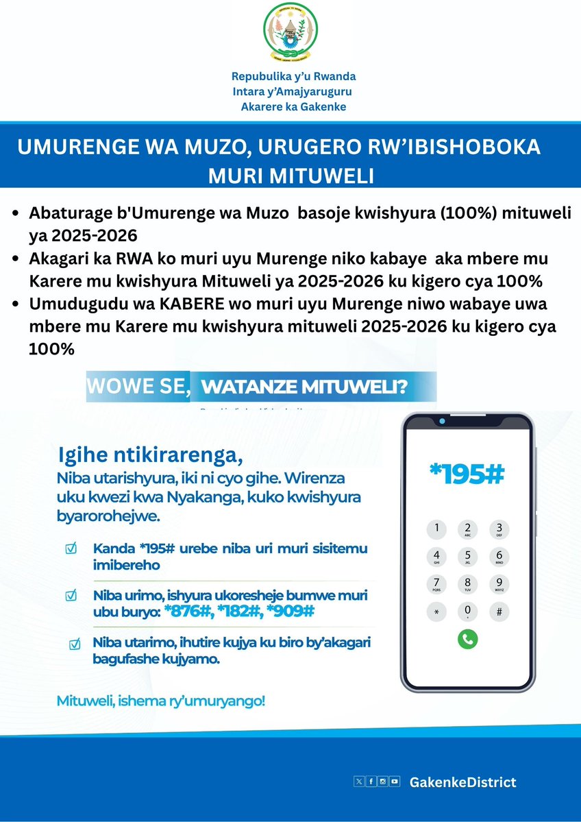 GakenkeDistrict's tweet image. Wari uziko:
🔴Abaturage b'Umurenge wa Muzo basoje kwishyura (100%) mituweli ya 2025-2026
🔴Akagari ka RWA ko muri uyu Murenge niko kabaye aka mbere mu Karere mu kwishyura mituweli
🔴Umudugudu wa KABERE wo muri uyu Murenge niwo wabaye uwa mbere mu Karere mu kwishyura mituweli
