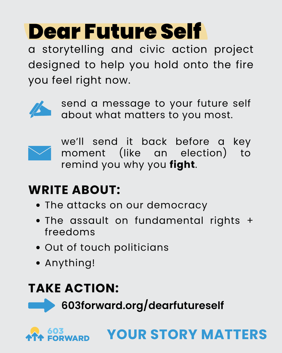 603Forward's tweet image. How do you feel right now? Angry? Hopeful? Determined? Write it down.
This is your chance to capture this moment + remind yourself, before the next election, why you fight for our future. Share your story now: loom.ly/NOEbszk