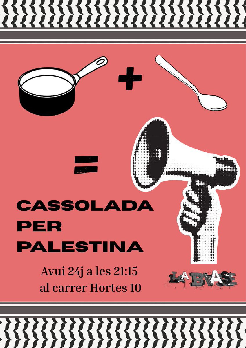 sindicatdebarri's tweet image. Fa cinc mesos que Israel està bloquejant l'entrada d'aliments, aigua i medicines a Gaza.
Avui, en el context de la festa major, fem cassolada contra el genocidi del poble palestí. 🇵🇸
📢 C/ de les Hortes 10, 21:15.
🚨 Porteu coses que facin soroll, xiulets, pals, cassoles!