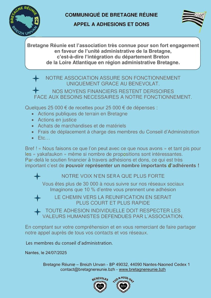 COMMUNIQUÉ DE BRETAGNE RÉUNIE

APPEL A ADHESIONS ET DONS !

Grâce à vos nombreux soutiens, la réunification de la Bretagne se rapprochera !

bretagnereunie.bzh/adhesion-breta…