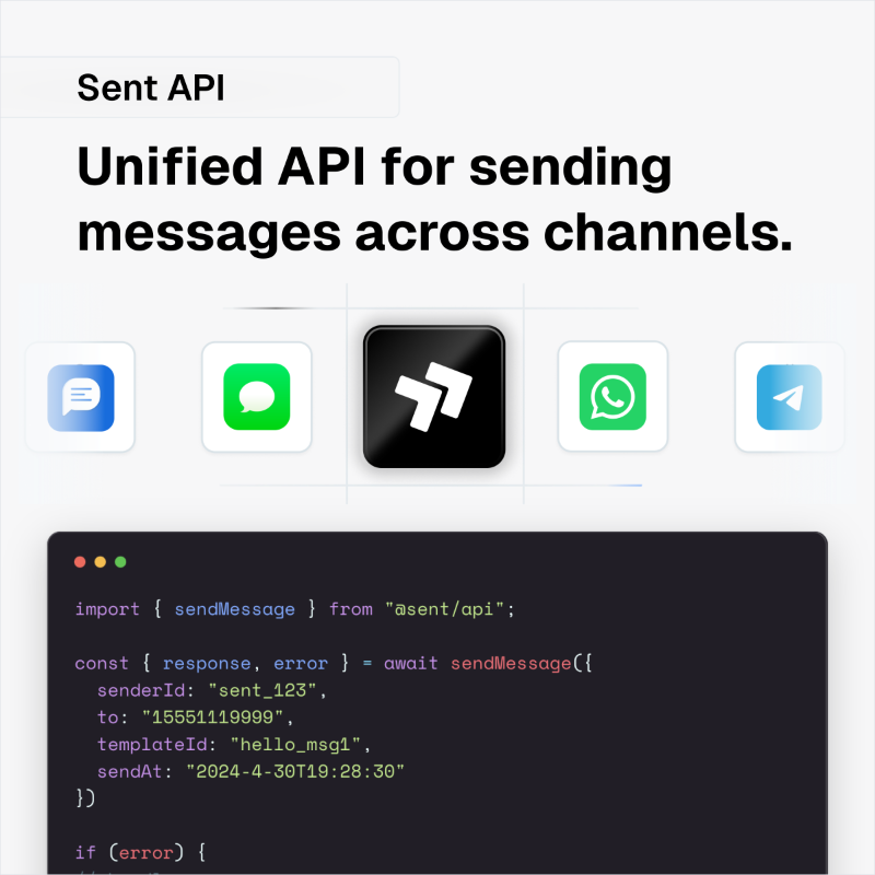 sentdm's tweet photo. One API. Send messages on all channels.