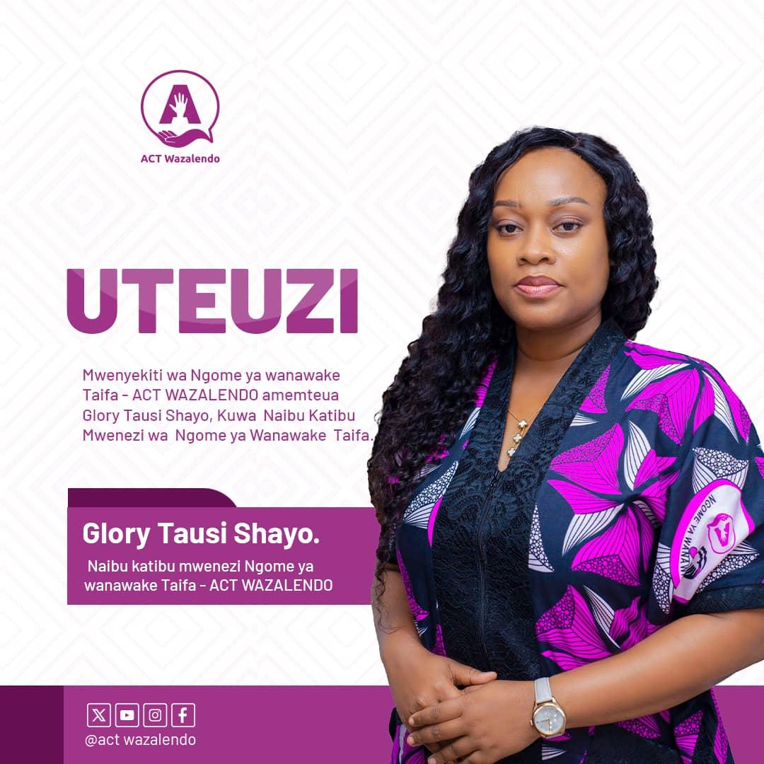 ACTWazalendo (@actwazalendo) on Twitter photo Mwenyekiti wa <a href="/NgomeyaWanawake/">Ngome ya Wanawake</a> Taifa, Ndugu <a href="/JaneRithe/">Janeth Rithe</a> amemteua Ndugu <a href="/IzzetTausi/">Glory Tausi</a> kuwa Naibu Mwenezi wa Ngome ya Wanawake Taifa.
Oktoba #LindaKura
#MuhuniHasusiwi
<a href="/ACTwazalendo/">ACTWazalendo</a> Mwenyekiti wa <a href="/NgomeyaWanawake/">Ngome ya Wanawake</a> Taifa, Ndugu <a href="/JaneRithe/">Janeth Rithe</a> amemteua Ndugu <a href="/IzzetTausi/">Glory Tausi</a> kuwa Naibu Mwenezi wa Ngome ya Wanawake Taifa.
Oktoba #LindaKura
#MuhuniHasusiwi
<a href="/ACTwazalendo/">ACTWazalendo</a>