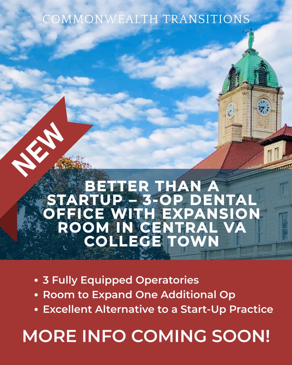 Commonwealth Transitions (@commonwealthtr3) on Twitter photo 🏡 Dental Practice Opportunity – Central VA!
3 equipped ops + room for a 4th
1,300 sq ft in vibrant college town – perfect for a start-up or satellite office.
More info coming soon!
✉️ sales@commonwealthtransitions.com
#DentalPractice #PracticeForSale #VirginiaDentists 🏡 Dental Practice Opportunity – Central VA!
3 equipped ops + room for a 4th
1,300 sq ft in vibrant college town – perfect for a start-up or satellite office.
More info coming soon!
✉️ sales@commonwealthtransitions.com
#DentalPractice #PracticeForSale #VirginiaDentists