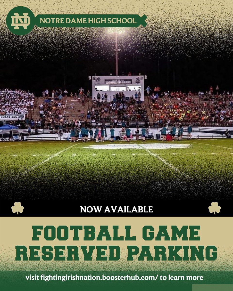 Notre Dame High School Athletics (@ndchattathletic) on Twitter photo ☘️🏈Join the tailgate party before each home game in 2025! Show your support for Fighting Irish Nation <a href="/NDChattFootball/">Notre Dame High School Football</a> . Parking is limited and is first come, first served so reserve your spot now!
See details at the 🔗 👇
➡️ bit.ly/3H2A1qab ☘️🏈Join the tailgate party before each home game in 2025! Show your support for Fighting Irish Nation <a href="/NDChattFootball/">Notre Dame High School Football</a> . Parking is limited and is first come, first served so reserve your spot now!
See details at the 🔗 👇
➡️ bit.ly/3H2A1qab