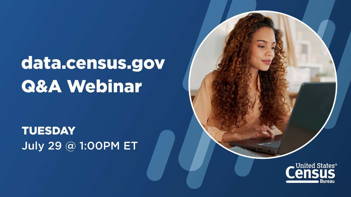 uscensusbureau's tweet image. Join us for a Q&amp;amp;A webinar for answers to the most commonly asked questions about data.census.gov, along with insights on search, the Microdata Access Tool, and the Census API.

census.gov/data/academy/w…

#ExploreCensusData