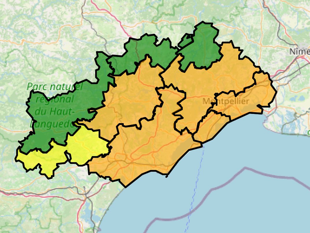 Prefet34's tweet image. 🔥🌳 Risque #incendie dans l’#Hérault le vendredi 25 juillet
🟠 5 secteurs en risque incendie élevé
= accès déconseillés
= travaux autorisés de 5h à 12h sous réserve de dispositif de prévention et d’extinction
🟡 1 secteur en risque incendie modéré
⚠️ Rappel ⤵️
🚭 Ne jetez…