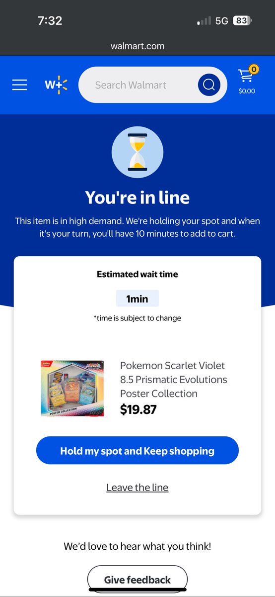 shtreves's tweet photo. @Walmart  
1min wait in first photo at 7:23am and then still 1 min wait at 8:26am. And you let the bots wipe out all the other item…. I’m canceling Walmart Plus right now. https://t.co/SNFKwzwBLl