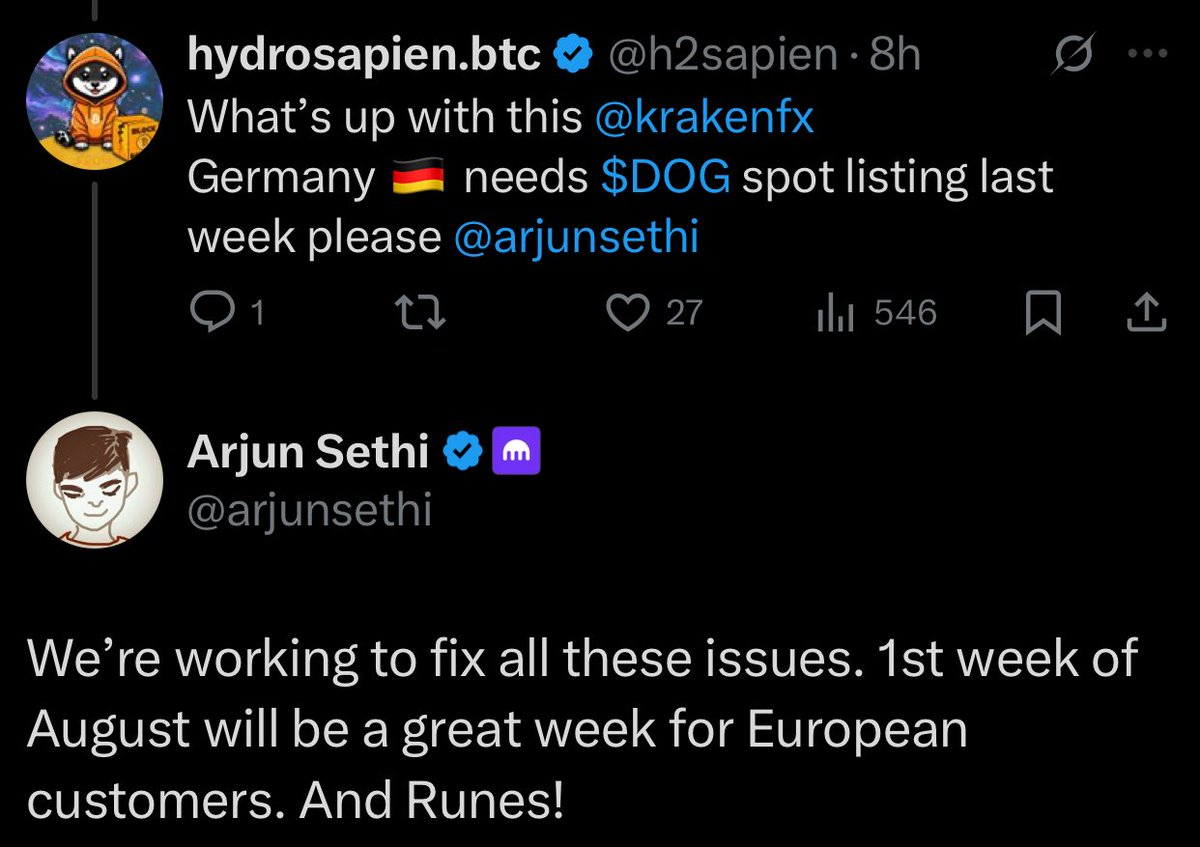 🚨JUST IN: <a href="/arjunsethi/">Arjun Sethi</a> (CEO, <a href="/krakenfx/">Kraken</a>) says German and European countries will have access to buying $DOG and #Runes first week of August.