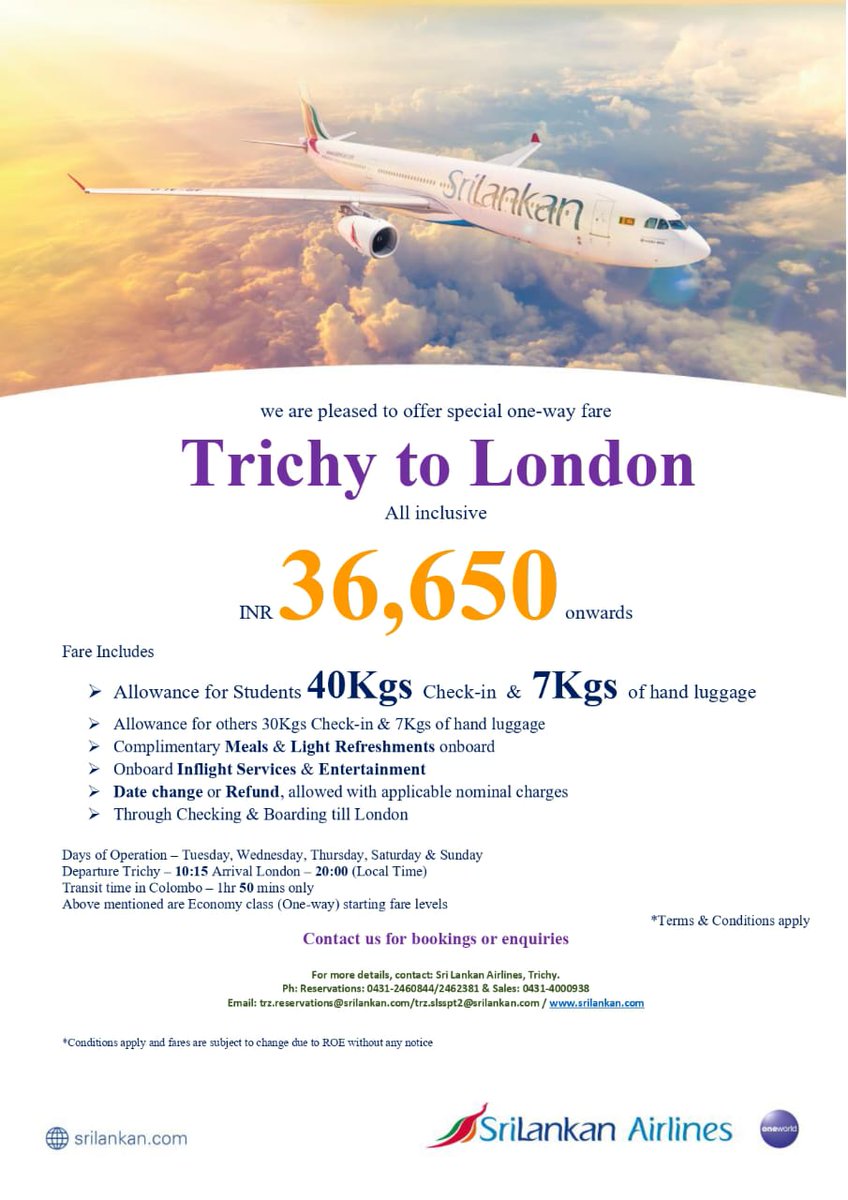 Aviation Trichy (@aviationtrichy) on Twitter photo திருச்சியில் இருந்து லண்டன் ஹீத்ரு செல்ல, மிகக்குறைந்த விலை, மிகக்குறைந்த நேரம், 40+7 கிலோ லக்கேஜ் மற்றும் த்ரூ செக்-இன் வசதி, பயணத்தில் தரமான இலவச உணவு, பொழுதுபோக்குகள், திருச்சியிலேயே எமிக்ரேசன் வசதியைத் தரும் ஒரே விமானநிறுவனம் ஶ்ரீலங்கன் மட்டுமே. #Trichy #London <a href="/flysrilankan/">SriLankan Airlines</a> திருச்சியில் இருந்து லண்டன் ஹீத்ரு செல்ல, மிகக்குறைந்த விலை, மிகக்குறைந்த நேரம், 40+7 கிலோ லக்கேஜ் மற்றும் த்ரூ செக்-இன் வசதி, பயணத்தில் தரமான இலவச உணவு, பொழுதுபோக்குகள், திருச்சியிலேயே எமிக்ரேசன் வசதியைத் தரும் ஒரே விமானநிறுவனம் ஶ்ரீலங்கன் மட்டுமே. #Trichy #London <a href="/flysrilankan/">SriLankan Airlines</a>