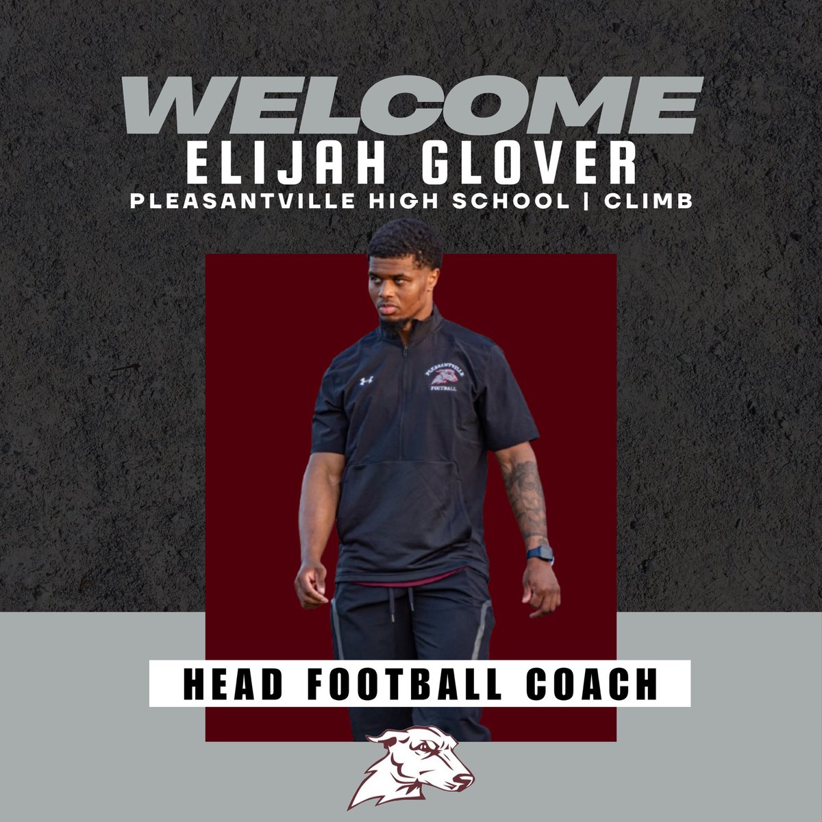 We would like to welcome Elijah Glover as our new Head Football Coach here at Pleasantville High School! 

Coach Glove is Pleasantville High School alum, with a ton of college playing experience &amp; coaching experience! He’s looks to raise the standard immediately! 

#CLIMB | #GGFB