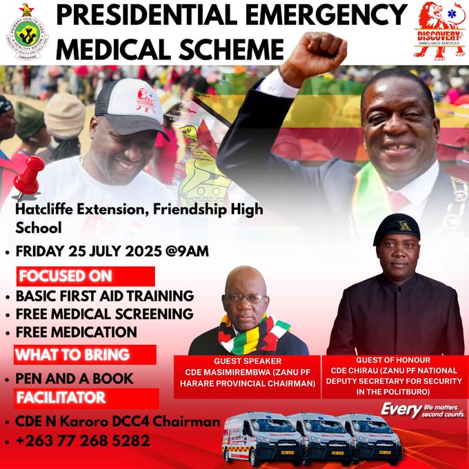SimangalisoDub5's tweet image. Don't miss out on the Presidential Emergency Medical Scheme 2mor. Join D Munowenyu, @TendaiChirau & Cde Masimirembwa at Friendship High Sch in Hatcliff Extension for essential trg & services. Free First Aid Trg, Medical Screening & Medication await you. Dial 991 for more info