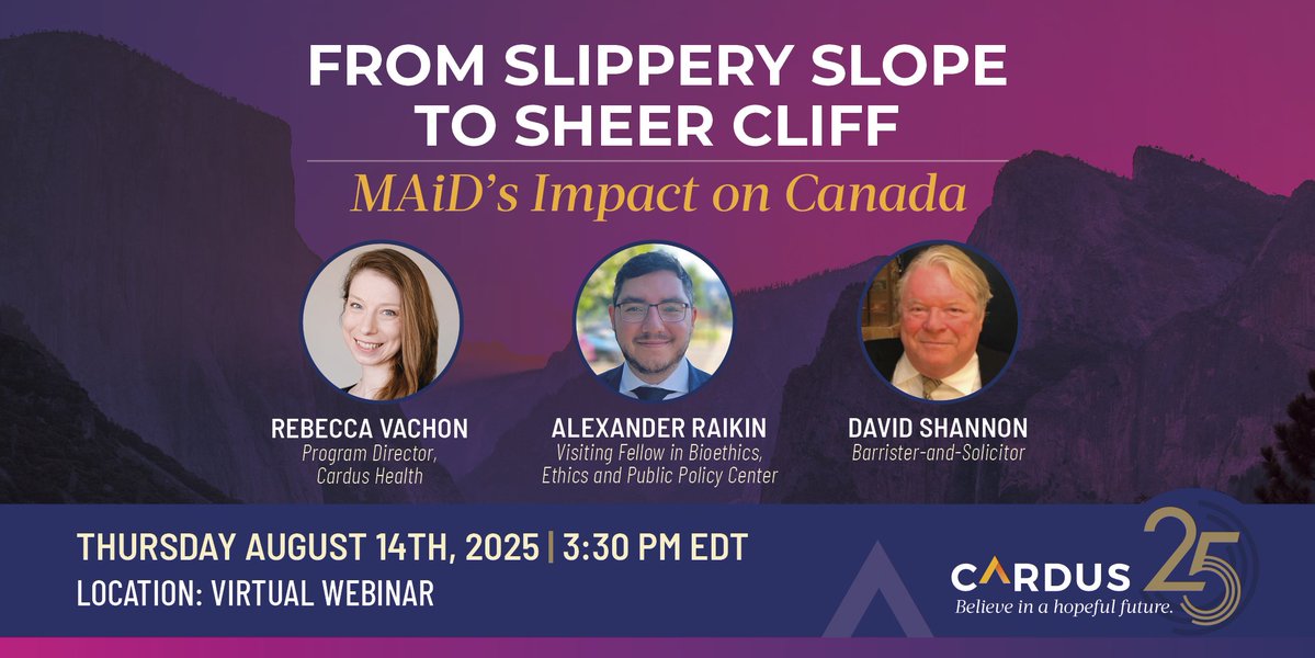 cardusca's tweet image. We invite you to join us for an important virtual discussion on August 14, looking at the impact of euthanasia and assisted suicide, or medical assistance in dying (MAiD), on Canadians. The webinar features a forthcoming Cardus report by @AlexanderRaikin. Register here ➡️…