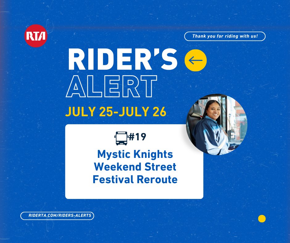 GCRTA's tweet image. ποΈπ£οΈ Heads up, riders! The #19 route will be rerouted for the Mystic Knights Motorcycle Club's Weekend Street Festival on Miles Ave.
Detour Times:
Friday, July 25, 2025: 6:00 PM - 2:00 AM
Saturday, July 26, 2025: 4:00 PM - 2:00 AM
Check the Transit app for real-time updates!